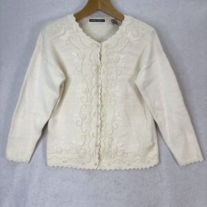 Vtg Debbie Morgan Cream Embroidered Beaded Floral Knit Sweater Cardigan Womens S